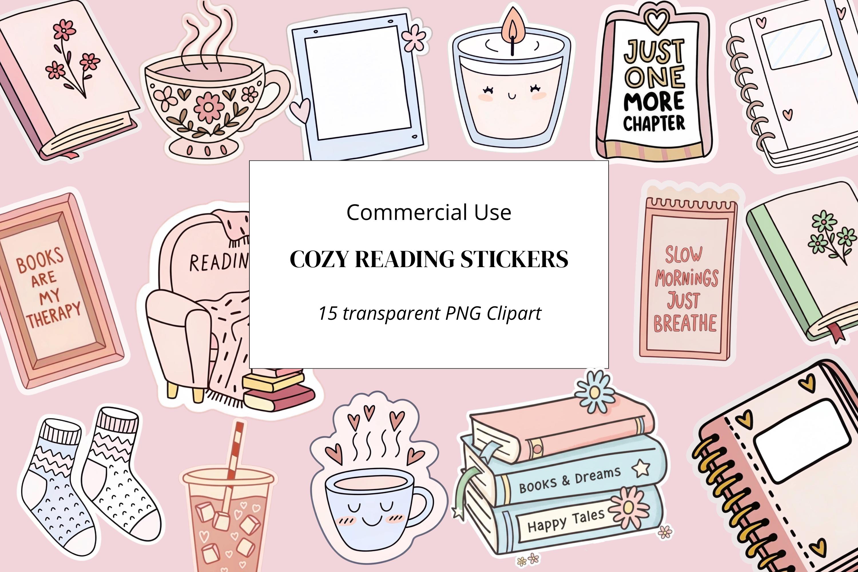 Cozy Reading Stickers PNG Clipart Bundle, Cute Book Lover Stickers ...