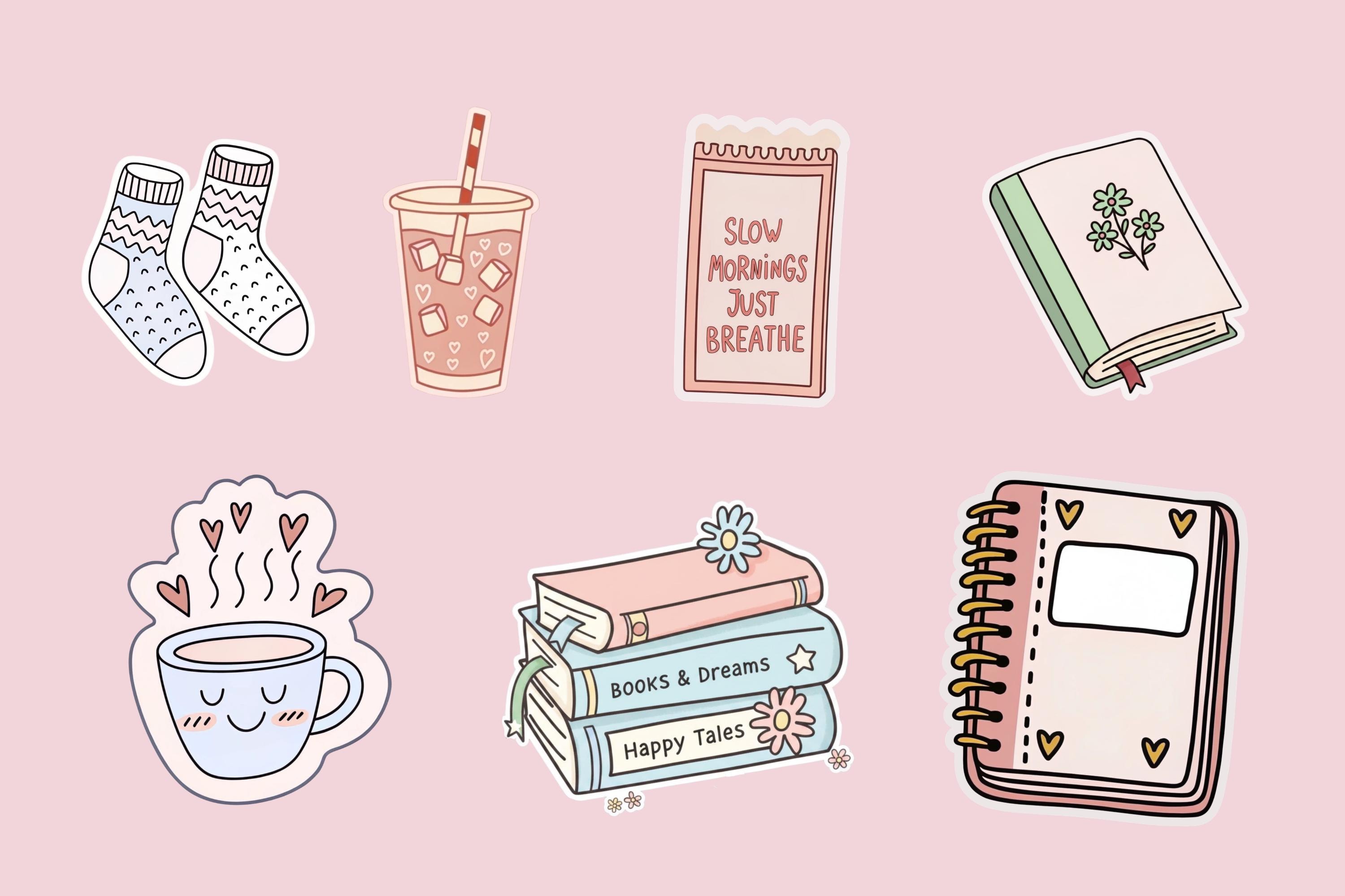 Cozy Reading Stickers PNG Clipart Bundle, Cute Book Lover Stickers ...