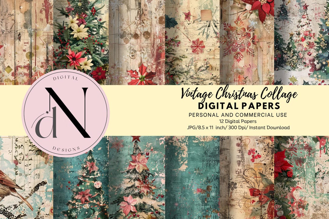 Vintage Christmas Digital Paper: Rustic Holiday Collage (digital ...