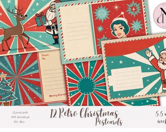 Retro Weihnachtspostkarten - Set von 12 Vintage druckbare Karten - Scrapbooking Postkarten