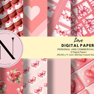 Valentine&#39;s Day Digital Scrapbook Papers | Printable Love-Themed Craft Paper Bundle |  Valentine&#39;s Day Backgrounds | Love Digital Paper