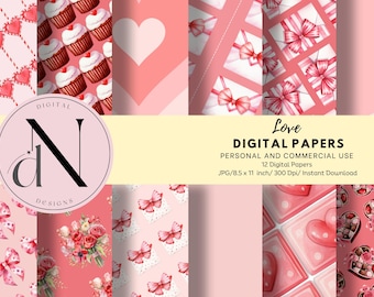 Valentine's Day Digital Scrapbook Papers | Printable Love-Themed Craft Paper Bundle |  Valentine's Day Backgrounds | Love Digital Paper