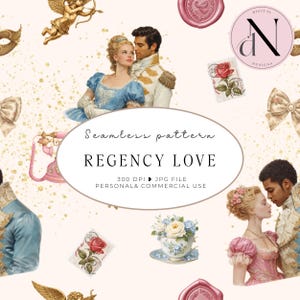 May include: A seamless pattern titled REGENCY LOVE featuring illustrations of couples in historical attire, a teacup with flowers, a pink rotary phone, a red rose, a gold cupid, and wax seals on a light background with gold speckles.