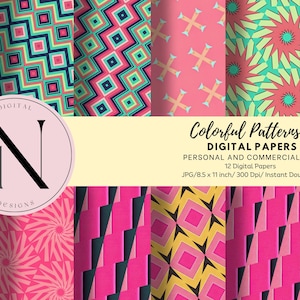 Colorful patterns, Colorful Printable Papers, Digital Paper Pack, Bright Color Paper