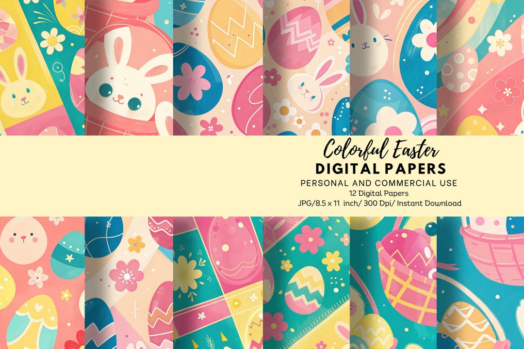 Pastel Easter Digital Paper: Bunny & Egg Scrapbook Backgrounds (digital ...