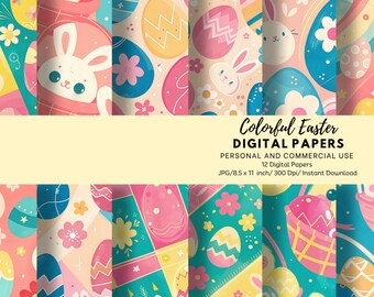 Pastel Easter Digital Paper: Bunny & Egg Scrapbook Backgrounds (Digital Download)
