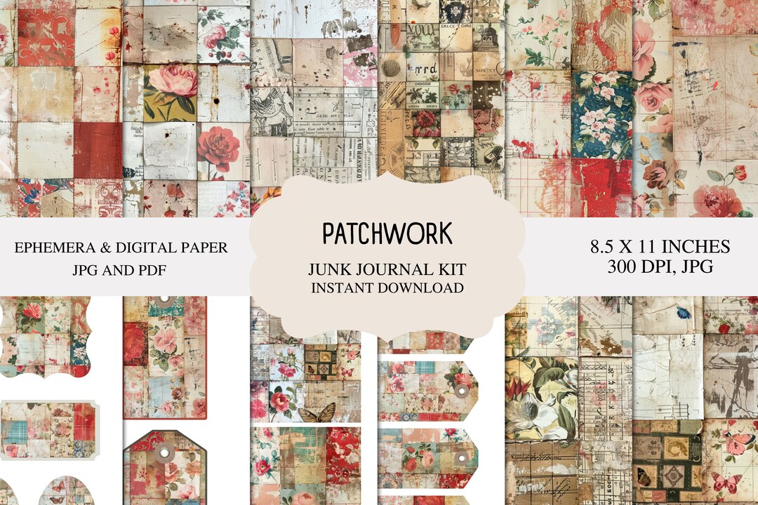 Vintage Patchwork Junk Journal Kit: Shabby Chic Digital Paper (PDF/JPG ...