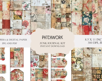 Vintage Patchwork Junk Journal Kit: Shabby Chic Digital Paper (PDF/JPG)