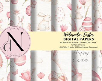 Watercolor Bunny Easter Digital Papers: Scrapbook Backgrounds (Digital Download)