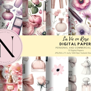 Puede incluir: Un conjunto de 12 papeles digitales con un patrón floral rosa y blanco con botellas de perfume, lazos y maquillaje. Los papeles miden 21,6 cm x 27,9 cm y 300 dpi. El texto "La Vie en Rose Digital Papers" se muestra en la imagen.