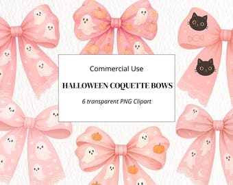 Pink Halloween Bows Clipart - Cute Ghost Cat Ribbons - Pastel Coquette PNG - Coquette Halloween Graphics - Spooky Girly Digital File