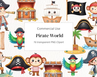 Pirate Clipart Bundle - Watercolor Pirate PNG - Cute Pirate Illustrations - Digital Pirate Stickers - Kids Pirate Party Clipart