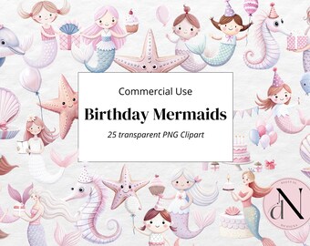 Mermaid PNG, Birthday Mermaid Clipart, Birthday Clipart, Watercolor Mermaid design, Cute Mermaid Clipart , Commercial use
