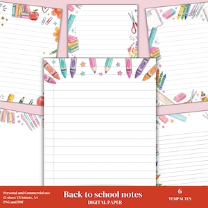 May include: A collection of digital stationery sheets featuring horizontal lines and colorful watercolor illustrations of school supplies including crayons, pencils, rulers, erasers, scissors, and books arranged as decorative borders.