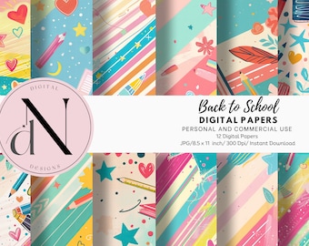 Back To School Digital Papers, School Digital Paper, Instant Download, Teacher Scrapbooking Paper, School Stationary