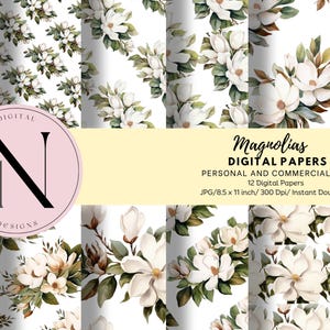 May include: A set of 12 digital papers featuring a white magnolia flower pattern on a white background. The papers are 8.5 inches by 11 inches and 300 dpi. The text "Magnolias Digital Papers" is displayed in the center of the image.