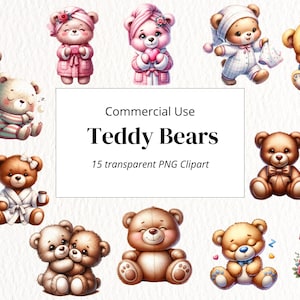 Teddy Bears Clipart | Digital bear illustrations | Nursery decor clipart set | Watercolor teddy bear PNG