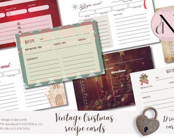 Vintage Christmas Recipe Cards – Printable Set, Christmas Scrapbooking Ephemera