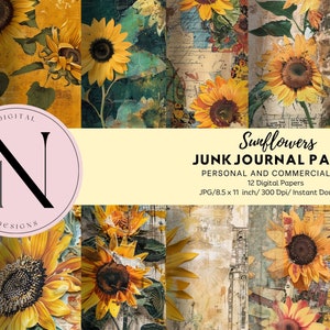 Sunflower junk journal pages, sunflower junk journal printable, scrapbook paper, Digital sunflower paper, sunflower