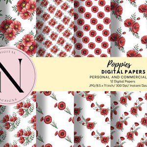 Botanical Poppies Digital Paper - Flower Digital paper - Scrapbook Backgrounds - Printable Patterns