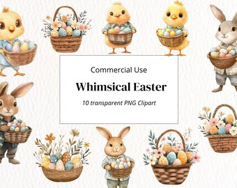 Watercolor Easter Clipart: Bunny, Chick, Eggs (PNG Digital Download)