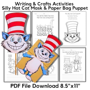 May include: A colorful craft activity set featuring a Silly Hat Cat mask and paper bag puppet. The set includes printable pages with writing prompts and coloring activities. The text on the image reads "Writing & Crafts Activities Silly Hat Cat Mask & Paper Bag Puppet PDF File Download 8.5"x11"."