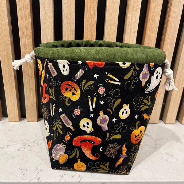 Halloween Ghosts and Pumpkins Sock Knitting Cotton Drawstring Small Project Bag