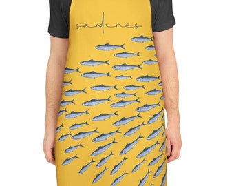 Trending Sardine Fish Yellow Apron Kitchen Accessories Cooking BBQ Gift Chef Baking Barista Seafood Lover Marine Life Birthday Holidays
