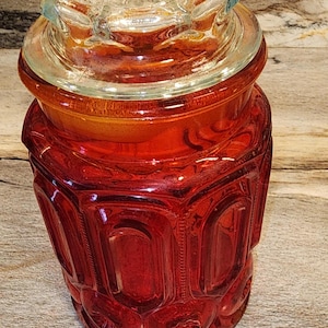 Vintage LE Smith Red Amberina Glass Canister with clear lid.