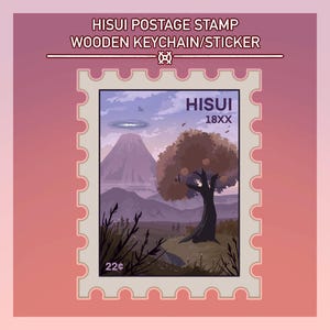 May include: A vintage-style postage stamp with a purple mountain, a tree with orange fruit, and a blue UFO in the sky. The stamp says "HISUI 18XX" and "22¢".
