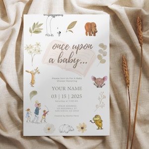 Puede incluir: Una invitación a una fiesta de bienvenida al bebé con una ilustración caprichosa de un libro con las palabras "once upon a baby..." La invitación está decorada con ilustraciones de animales y flores. El texto de la invitación dice: "Please Join Us For A Baby Shower Honoring YOUR NAME 03 | 15 | 2025 Saturday at 11:00 AM VENUE ADDRESS 123 ROCKWALL ST. SAN DIEGO, CA 12345 Hosted by Name Here"