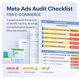Puede incluir: Una lista de verificación digital titulada "Meta Ads Audit Checklist FOR E-COMMERCE" con un marco de auditoría práctico para identificar problemas en las cuentas de Meta Ads. La lista de verificación destaca áreas críticas con indicadores.