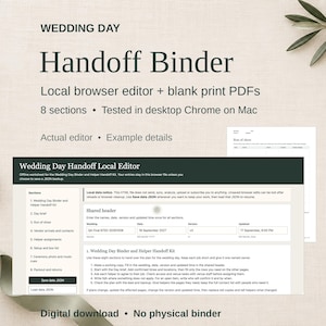 May include: A digital wedding day handoff binder template featuring a local browser editor and blank print PDFs. The interface includes eight sections for planning, vendor contacts, and schedules, with text fields for dates, versions, and updates.