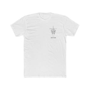 May include: White t-shirt with a crew neck. The shirt features a small, detailed graphic on the upper chest. The graphic includes the text "Shadow Queen" above the word "ANGMAR". The design is in a grayscale color scheme.