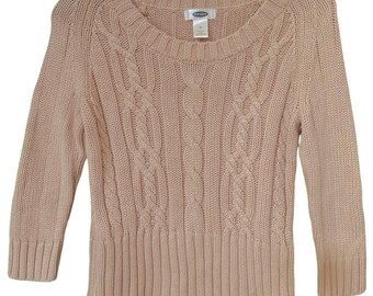 Suéter vintage de punto trenzado Old Navy, 100 % algodón, mangas 3/4, talla mediana, color tostado