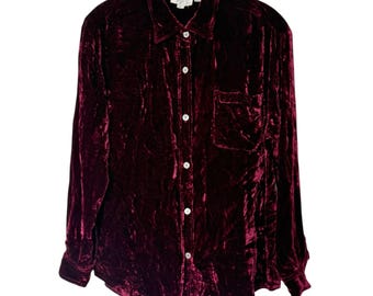 Camisa deportiva vintage Fiji de terciopelo, manga larga, botones, burdeos y rojo, talla pequeña