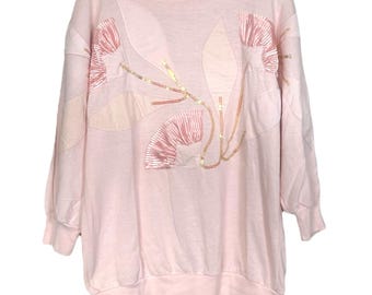 Suéter vintage bordado de los años 80 con lentejuelas y flores de loto, talla grande, color rosa