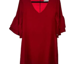 Vestido vintage rojo con mangas acampanadas, cuello en V, fluido, estilo retro, para fiesta, talla pequeña