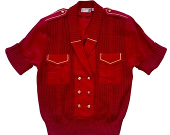 Jersey vintage de punto grueso con cuello en V de Claudia Barnes, talla grande, color rojo y dorado.