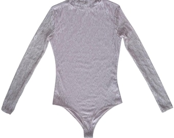 Body de encaje estilo Y2K, mangas largas transparentes, cuello alto, talla XS, rosa claro.
