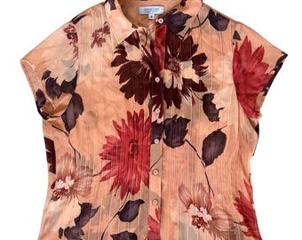 Camisa vintage Emanuel Ungaro 100 % seda transparente con cuello y estampado floral