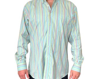 Camisa vintage a rayas con botones, talla grande para hombre, azul claro
