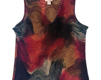 Top sin mangas plisado: estampado abstracto de remolinos estilo Y2K, blusa retro psicodélica sin mangas.