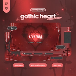 Puede incluir: Un paquete de transmisión rojo y negro con un tema de corazón gótico. El diseño incluye un corazón con alas de murciélago, cruces y el texto "gothic heart" y "starting". También presenta elementos personalizables y está listo para usar.