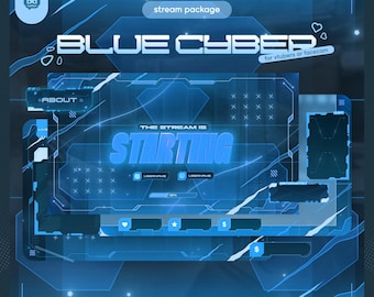 Blue DarkCyber Animated Stream Overlay Pack: VTuber Twitch Theme