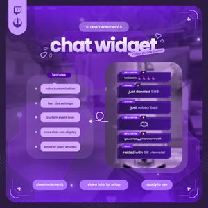 May include: A purple digital chat widget overlay for streaming featuring the text streamelements chat widget cyber purple theme. The graphic displays a list of features including color customization, text size settings, custom event icon, max chat can display, and small or giant emotes, alongside a preview of chat messages.