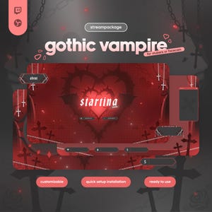 Może przedstawiać: Cyfrowy pakiet streamingu w gotyckim stylu wampira. Projekt zawiera czerwoną i czarną kolorystykę z grafiką w kształcie serca, krzyżami oraz tekstem "gothic vampire" i "starting". Zawiera elementy konfigurowalne i jest gotowy do użycia.