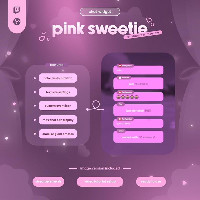 Sweetie Pink Streaming Overlay Pack with adorable pastel pink design, animated hearts, and polished kawaii aesthetic. Created for VTubers, Twitch, and cozy chatting streams, this overlay adds a romantic, soft, and engaging atmosphere to your channel. With animated frames, panels, and borders, it keeps your layout cute while looking professional. Ideal for creators who want their stream to feel charming and inviting. Works smoothly on OBS, Streamlabs, and most streaming platforms.