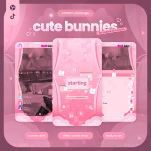 May include: A pink digital stream package featuring the text cute bunnies for vtubers or facecam. The design includes three vertical screen layouts with bunny graphics, a starting screen, and icons for OBS and TikTok in a soft monochromatic pink palette.