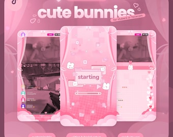 Puede incluir: Un paquete de streaming digital rosa con el texto cute bunnies for vtubers or facecam. El diseño incluye tres diseños de pantalla verticales con gráficos de conejitos, una pantalla de inicio e iconos de OBS y TikTok en tonos rosa suave.